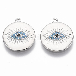 Brass Micro Pave Cubic Zirconia Pendants, Nickel Free, Flat Round with Eye, Light Blue, Real Platinum Plated, 15.5x13.5x2mm, Hole: 1mm