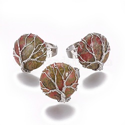 Adjustable Natural Unakite Finger Rings, with Platinum Tone Brass Findings, Flat Round, Size 8, 18mm