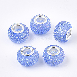 Perline europeo rhinestone di resina, perline con foro grande, con tono platino ottone doppie core, ab colore, rondelle, perline bacca, blu fiordaliso, 14x10mm, Foro: 5 mm