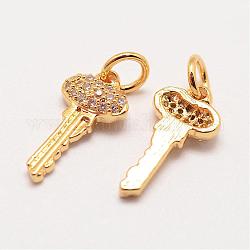Brass Micro Pave Grade AAA Cubic Zirconia Charms, Long-Lasting Plated, Key, Cadmium Free & Nickel Free & Lead Free, Real 18K Gold Plated, 14x7x3mm, Hole: 3mm