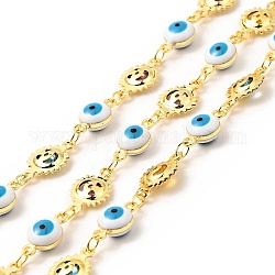 Enamel Evil Eye & Sun Link Chains, with Real 18K Gold Plated Brass Findings, Soldered, with Spools, Deep Sky Blue, 12x6.5x5mm, 14x8x3mm