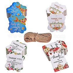 4 juegos 4 estilos de etiquetas de regalo de papel con estampado floral, Etiquetas colgantes, con hilo de yute, color mezclado, 1set / estilo