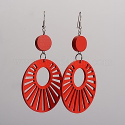 Boucles d'oreilles avec pendentif rond et plat en bois, avec platine plaqué boucles d'oreilles en fer crochets, rouge, 90.5x49mm, pin: 0.8 mm