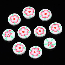 Handmade Polymer Clay Cabochons, Flat Round with Flower, Red, 9~10x1.5~2.5mm, about 5400pcs/1000g
