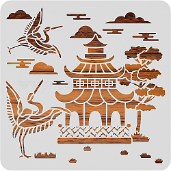BENECREAT 30x30cm Oriental Theme Plastic Painting Templates, Pagoda Crane Pattern Drawing Stencils for Scrapbook Decoration DIY Crafts