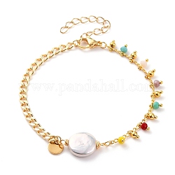 Natural Baroque Pearl Keshi Pearl Link Bracelets, with Brass Curb Chains, Glass Beads, 304 Stainless Steel Lobster Claw Clasps and Flat Round Charms, Colorful, Real 18K Gold Plated, 7-1/2 inch(19cm)