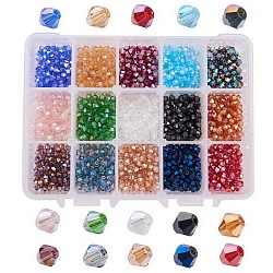 Perle di vetro, ab colore placcato, sfaccettato, bicono, colore misto, 4x4mm, Foro: 1 mm, su 120pcs / colore, 1800pcs/scatola