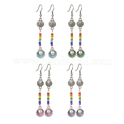 4 Pair 4 Color Alloy Shell with Imitation Pearl Dangle Earrings, Glass Seed Beaded Long Drop Earrings, Mixed Color, 70x11.5mm, 1 Pair/color