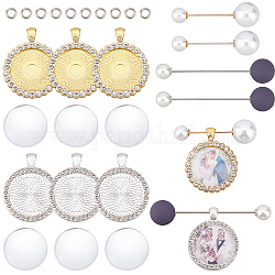CHGCRAFT 26Pcs 2Colors Rhinestone Bezel Pendant Trays 25mm with 6Pcs Transparent Glass Cabochons 4Pcs Imitation Pearl Safety Brooches for Photo Pendant Jewelry Making, Golden Silver