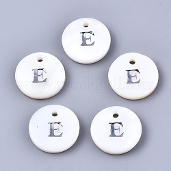 Natural Freshwater Shell Pendants, with Platinum Plated Iron Etched Metal Embellishments, Flat Round with Initial Letter, White, Letter.E, 11x2mm, Hole: 1.5mm