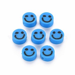 Perles en pâte polymère manuel, plat rond avec un visage souriant, Dodger bleu, 8~9x4mm, Trou: 1.5mm