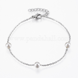 304 Stainless Steel Bracelets, with Acrylic Pearl Bead and Lobster Claw Clasps, Stainless Steel Color, 7-1/8 inch(180mm)