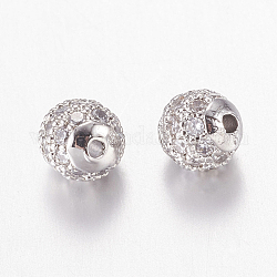 Brass Micro Pave Cubic Zirconia Beads, Round, Nickel Free & Lead Free & Cadmium Free, Clear, Platinum, 4mm, Hole: 0.7mm