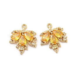 Brass Micro Pave Cubic Zirconia Pendants, with Glass, Long-Lasting Plated, Leaf, Golden, 18x15x3mm, Hole: 1.2mm