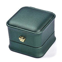 Puレザーリングボックス  金色の鉄冠付き  結婚式のための  ジュエリー収納ケース  正方形  濃い緑  2-1/4x2-1/4x1-7/8インチ（5.8x5.8x4.7cm）