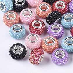 Perles européennes en résine opaque, Perles avec un grand trou   , perles de laurier, en laiton de tonalité de platine noyaux doubles, couleur ab , rondelle, couleur mixte, 14x9.5mm, Trou: 5mm