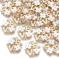 Brass Cubic Zirconia Charms, with Resin Imitation Shell, Nickel Free, Flower with Letter, Letter E & V, Real 18K Gold Plated, 14.5x14.5x3mm, Hole: 1mm