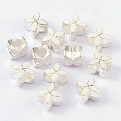 Perline europeo smalto in lega, perline con foro grande, fiore, colore argento placcato, bianco, 10x10x8mm, Foro: 5 mm