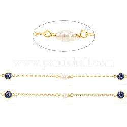 Brass Cable Chains, with Rice Glass and Evil Eyes Enamel, Long-Lasting Plated, Real 18K Gold Plated, Soldered, with Spool, Prussian Blue, Link: 2x1.5x0.3mm, Eye: 12x7x3mm, Rice: 15x4mm, about 32.8 Feet(10m)/roll