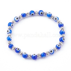 Braccialetti elasticizzati con perline rotondi fatti a mano con il malocchio, con perline in lega distanziatore, argento antico, blu, diametro interno: 2 pollice (5.2 cm)
