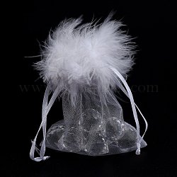 Pochette organza pour cadeaux, avec cordon de serrage et plume, bijoux pochettes sacs, pour les sacs en filet de bonbons de noce, rectangle, blanc, 12x10x0.07 cm