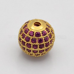 CZ Brass Micro Pave Grade AAA Magenta Color Cubic Zirconia Round Beads, Cadmium Free & Nickel Free & Lead Free, Golden, 8mm, Hole: 1.7mm