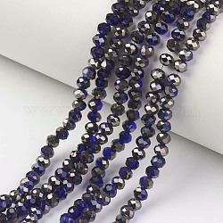 Placcare trasparente perle di vetro fili, metà nero placcato, sfaccettato, rondelle, Blue Marine, 6x5mm, Foro: 1 mm, circa 85~88pcs/filo, 16.1~16.5 pollice (41~42 cm)