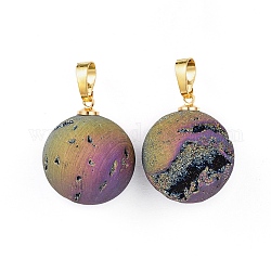 Electroplate Natural Druzy Geode Agate Pendants, with Brass Findings, Round, Golden, Multi-color Plated, 23.5x20~20.5mm, Hole: 4.5x7mm