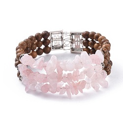 Three Loops Natural Rose Quartz Chip Beads Wrap Bracelets, with Wood Beads, Alloy Findings and Steel Bracelet Memory Wire, 2-1/8 inch(5.4cm)