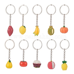 Schlüsselanhänger mit Obst- und Gemüseanhänger aus Kunstharz, mit eisernen Schlüsselringen, Mischfarbe, 7.5~9.2 cm, 10 Stück / Set