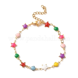 Enamel Star & Heart Link Chain Bracelet, Vacuum Plating 304 Stainless Steel Jewelry for Women, Colorful, 7-1/8 inch(18cm)