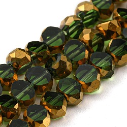 Electroplate transparentes abalorios de vidrio hebras, con borde chapado en oro, facetas, plano y redondo, verde oliva, 4x2.5mm, agujero: 1 mm, aproximamente 70 pcs / cadena, 20.87 pulgada (53 cm)