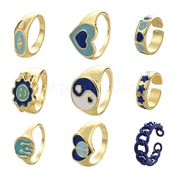 Set di anelli per dito e polsini con sigillo in smalto in lega da 9 pz 9 stile, faccina sorridente e cuore e stella e yin yang e anello da dito con motivo ovale per le donne,  cadmio& piombo libero, oro chiaro, blu, 5 1/2~8 1/2(16.1~18.5mm), 1pc / style