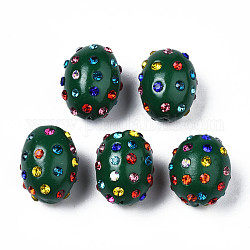 Perles de strass en argile polymère, Perles de boule pavé disco , ovale, vert foncé, pp15 (2.1~2.2mm), 16.5~18x13~14mm, Trou: 1mm
