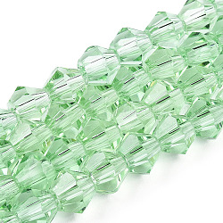 Imitación austriaco cristal 5301 bicono cuentas, Cuentas de vidrio facetado hebras, verde claro, 6x6mm, agujero: 1.2 mm, aproximamente 47~48 pcs / cadena, 10.24 pulgada ~ 10.43 pulgadas (26~26.5 cm)