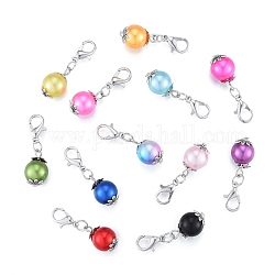 Alloy Pendant Decoration, with CCB Imitation Pearl Round Beads, Lobster Clasp Charms, Clip-on Charms, for Keychain, Purse, Backpack Ornament, Stitch Marker, Mixed Color, 3.1cm, 1pc/color, 12 colors, 12pcs/bag