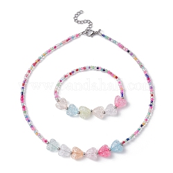 Acrylic Heart & Seed Beaded Necklace & Stretch Bracelet, Jewelry Set for Kids, Colorful, 14 inch(35.6cm), 2 inch(5cm) Inner Diameter