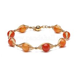 Bracelets de perles de cornaline naturelle pour hommes femmes, avec laiton & 304 trouvaille en acier inoxydable, fermoirs magnétiques, 7-1/2 pouce (19 cm), perle: 8.7 mm