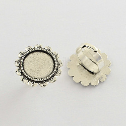 Adjustable Iron Flower Finger Ring Components Alloy Cabochon Bezel Settings, Cadmium Free & Lead Free, Antique Silver, 17x5mm, Flat Round Tray: 18mm
