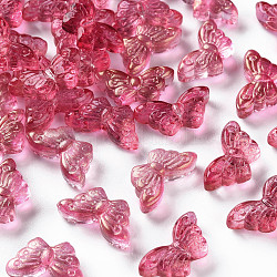 Transparent Spray Painted Glass Beads, with Glitter Powder, Butterfly, Cerise, 8x15x4.5mm, Hole: 1mm