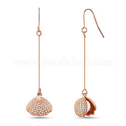 SHEGRACE Brass Dangle Earrings, with Cubic Zirconia and Shell Pearl, Scallop Shell Shape, Rose Gold, 50mm