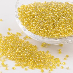 Perles de rocaille en verre rondes, trans. couleurs lustered, jaune, taille: environ 2mm de diamètre, Trou: 1mm, environ 3306 pcs/50 g