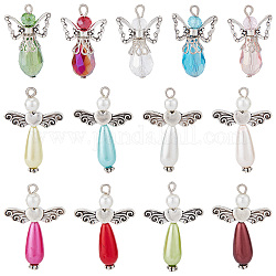 SUNNYCLUE 30Pcs 2 Style Alloy Pendants, with Electroplate Glass and Imitation Pearl Acrylic Beads, Tibetan Style Alloy Beads, Angel, Mixed Color, 29~34x18~23.5x7.5~19.5mm, Hole: 2~3mm, 15pcs/style