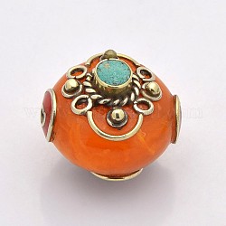 Handmade Tibetan Style Beads, Brass Findings with Synthetic Turquoise, Flat Round, Antique Golden, Orange Red, 21x23~25x23~25mm, Hole: 3mm