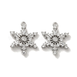 Brass Micro Pave Cubic Zirconia Pendants, Snowflake, Real Platinum Plated, 17x13.5x2.5mm, Hole: 1mm