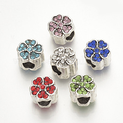 Legierung Rhinestone European Beads, Großloch perlen, Blume, Antik Silber Farbe, Mischfarbe, 10.5x11x9.5 mm, Bohrung: 5 mm