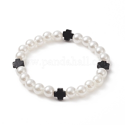 Pulsera elástica con cuentas de perlas de imitación de plástico abs y cruz de ónix negro natural para mujer, blanco, diámetro interior: 2-1/8 pulgada (5.3 cm)