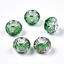 Baking Painted Glass European Beads, Large Hole Rondelle Beads, with Platinum Tone Brass Double Cores, Two Tone, Faceted, Medium Sea Green, 14x10.5mm, Hole: 5mm