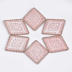 Polyester Woven Pendant Decorations, with Iron Findings, Rhombus with Flower, Light Gold, Pink, 45x37.5x2mm