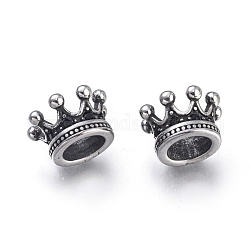 Perles européennes en 304 acier inoxydable, Perles avec un grand trou   , avec des perles zircons, couronne, argent antique, 11x7mm, Trou: 6mm